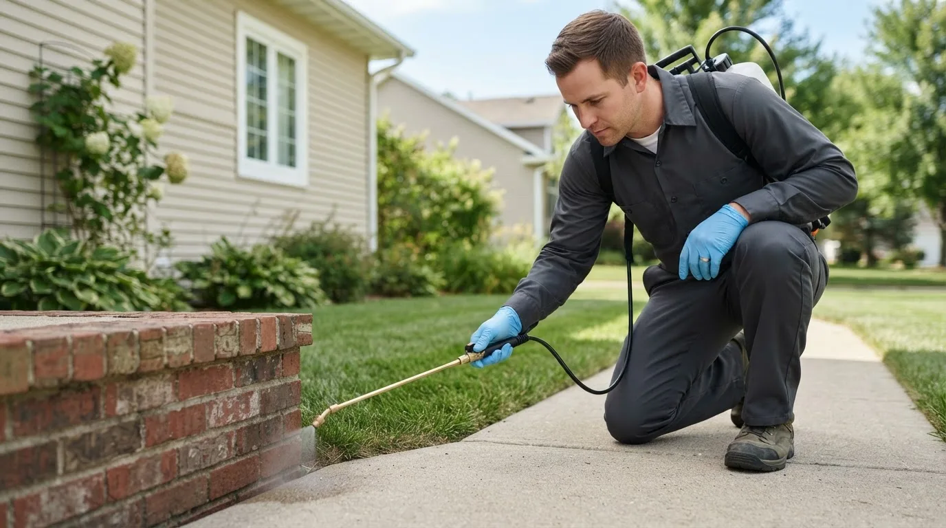 Pest control technician treating a home near University City, MO