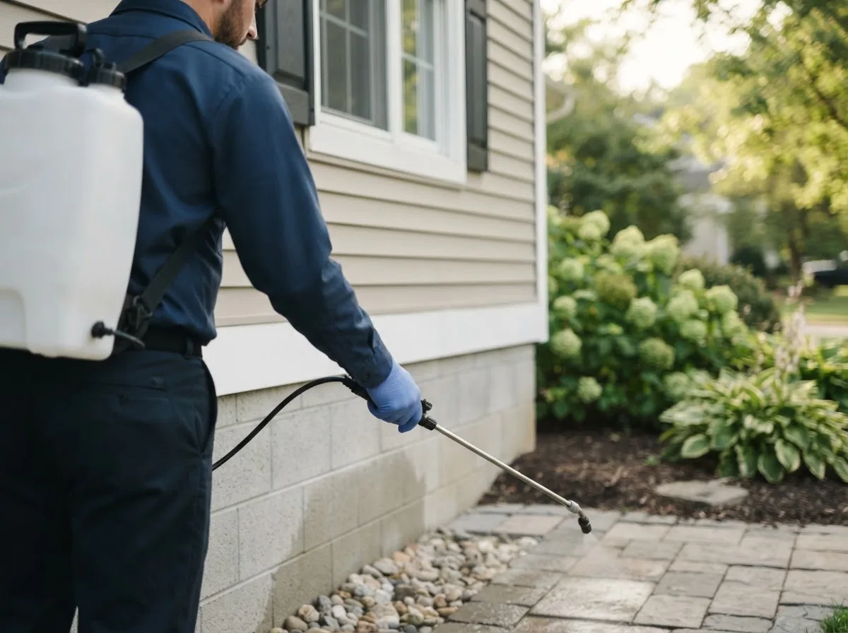 Pest control technician inspecting a home in University City, MO